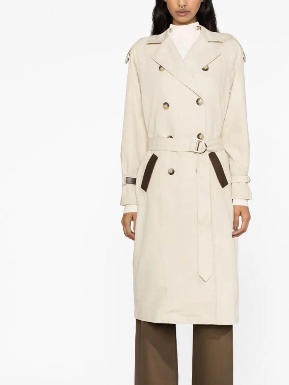 Maje Cream Trench Coat with Brown Pocket Trim